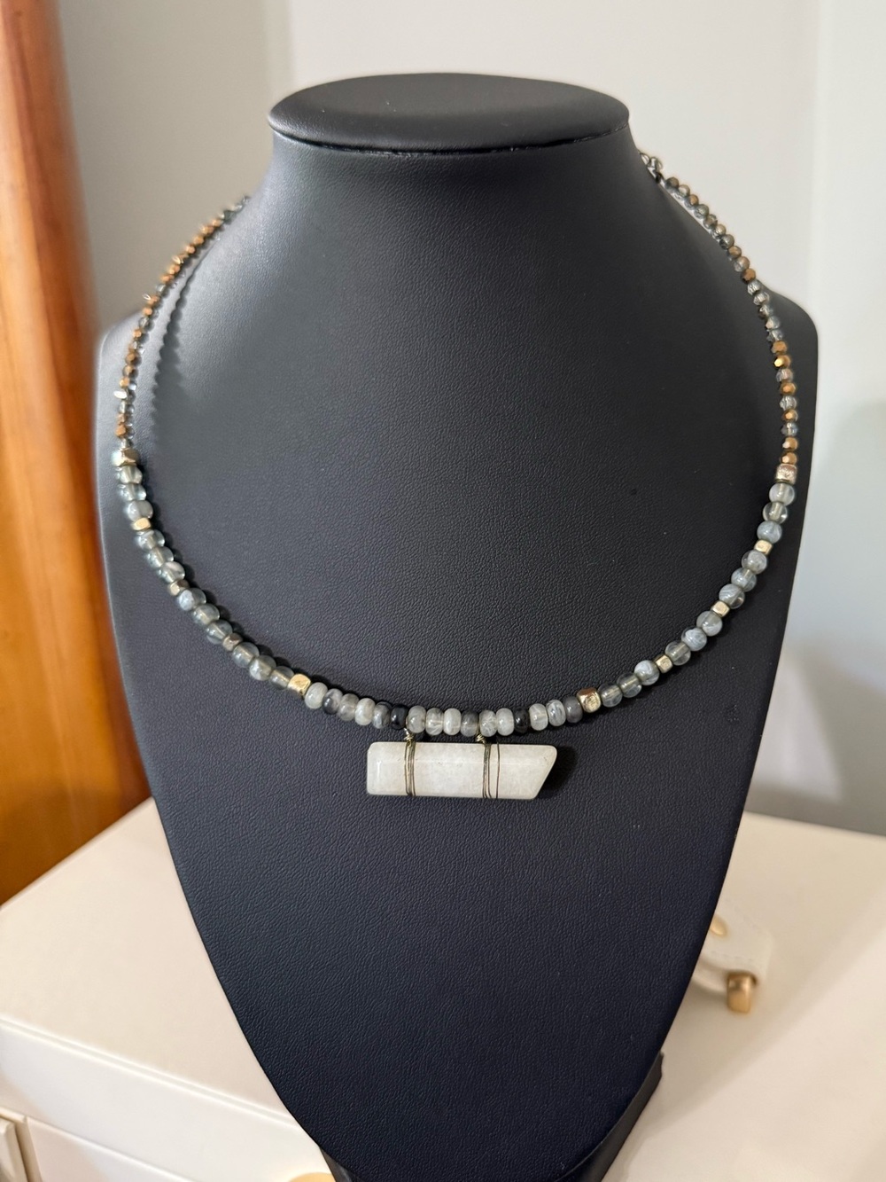 Gray multi color Bead Necklace with White Stone Pendant